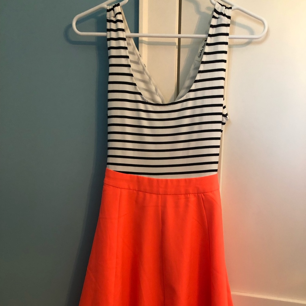 White, black, NEON orange fit and flare dress